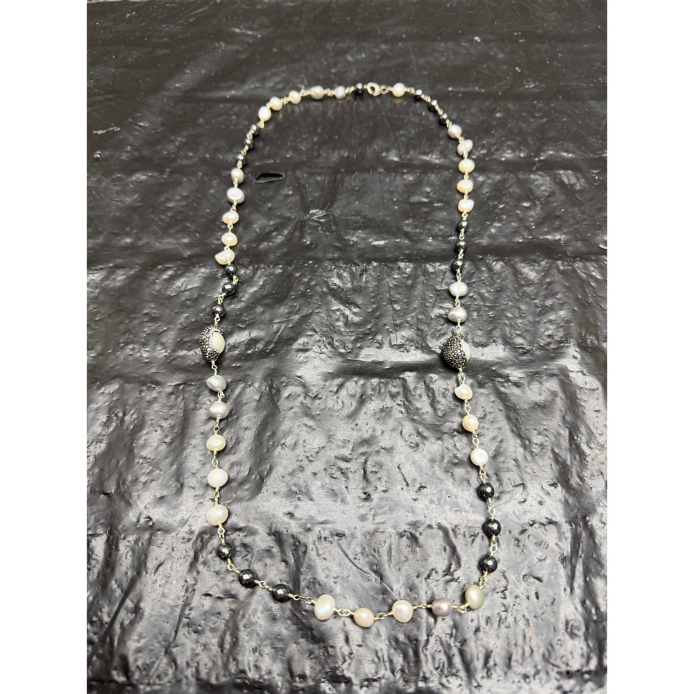 Vintage 925 Sterling Silver Rhinestone Pearl Pave Beaded Statement Necklace